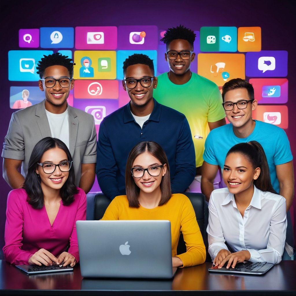 A vibrant, dynamic scene depicting a diverse group of individuals engaging in virtual cam shows, featuring a laptop with various chat windows open. The backdrop includes colorful lighting and digital elements representing online entertainment, while subtle symbols of privacy and connectivity float around. Emphasize excitement and professionalism in their expressions and attire. Incorporate a mix of modern technology and intimate settings. vibrant colors. digital art.