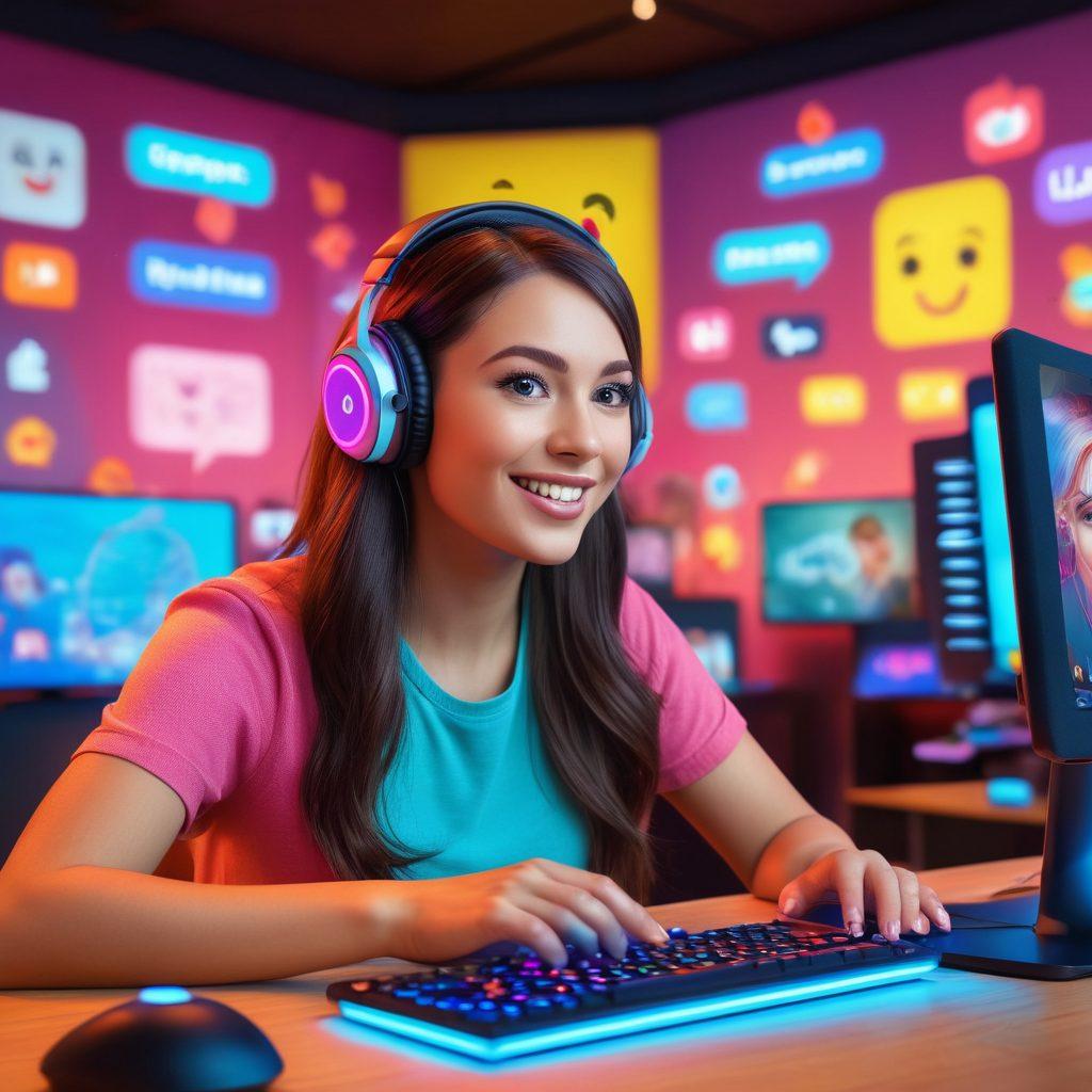 A vibrant and dynamic scene showcasing a charismatic female streamer engaging with her audience, surrounded by a colorful live chat interface and playful emojis. Include a high-tech webcam setup, glowing LED lights, and a whimsical background featuring gaming and entertainment elements. Emphasize the energetic atmosphere of real-time streaming and audience interaction. super-realistic. vibrant colors. 3D.