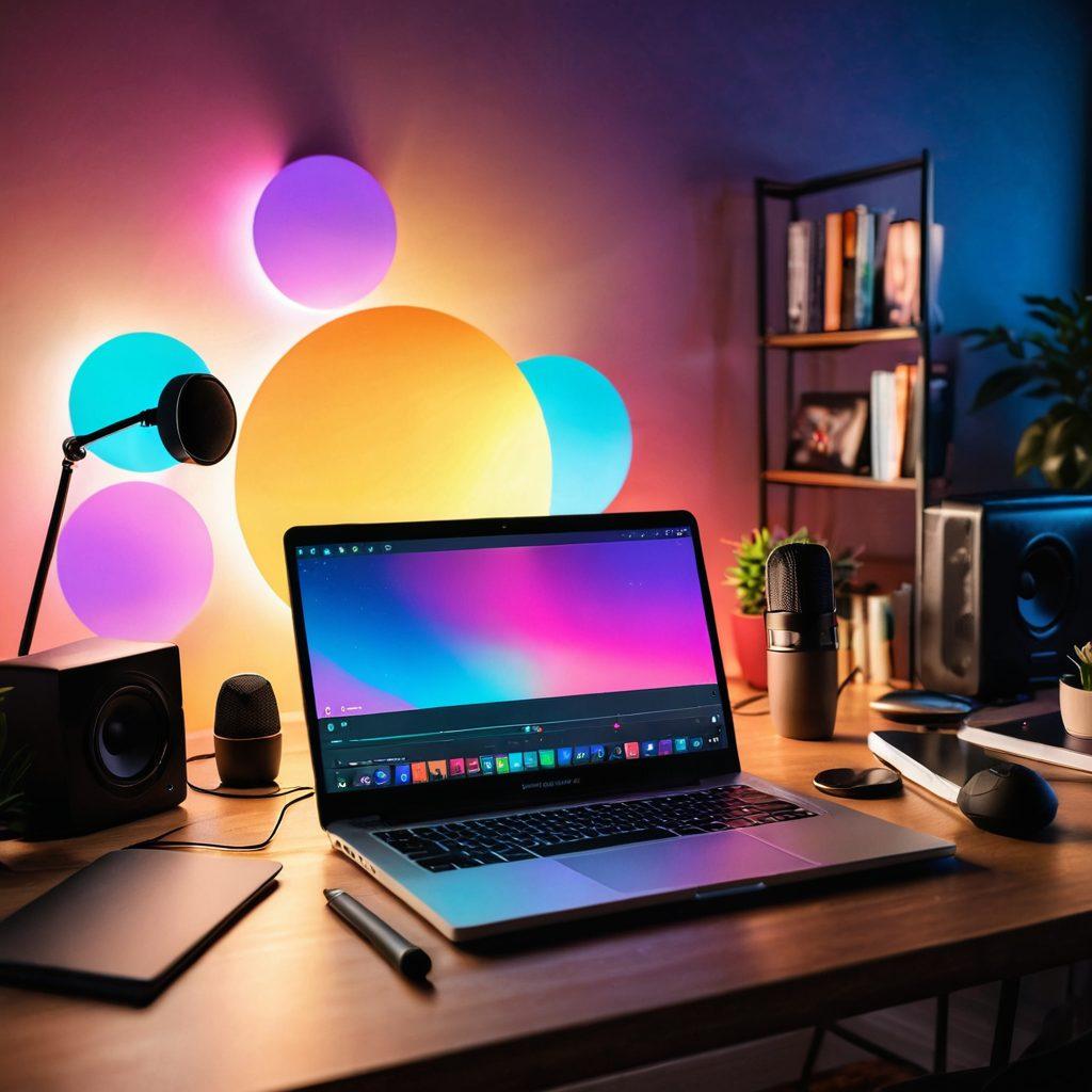 A vibrant, dynamic scene depicting a modern home studio setup for webcam streaming, featuring a laptop with a live chat interface, soft colorful lights illuminating the space, a stylish microphone, and an engaging, diverse group of individuals in various poses, interacting with their audiences. Elements of entertainment, such as music notes and chat bubbles, floating around to emphasize engagement. super-realistic. vibrant colors. 3D.